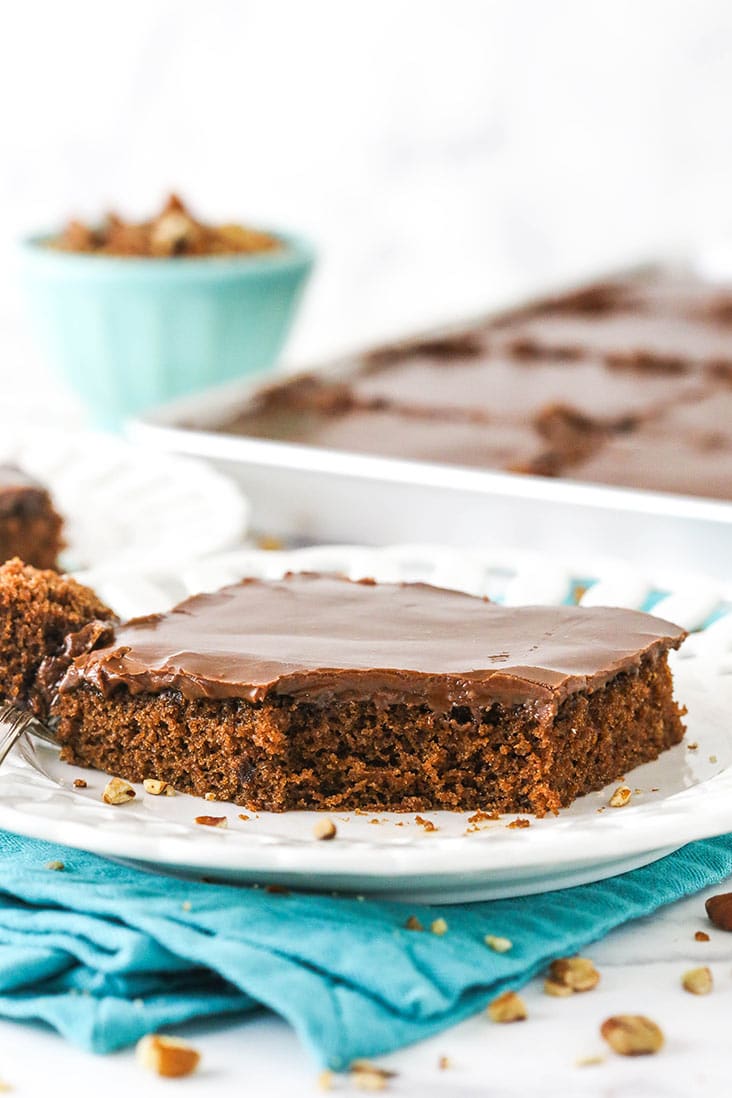 A slice of Texas sheet cake with one bite missing