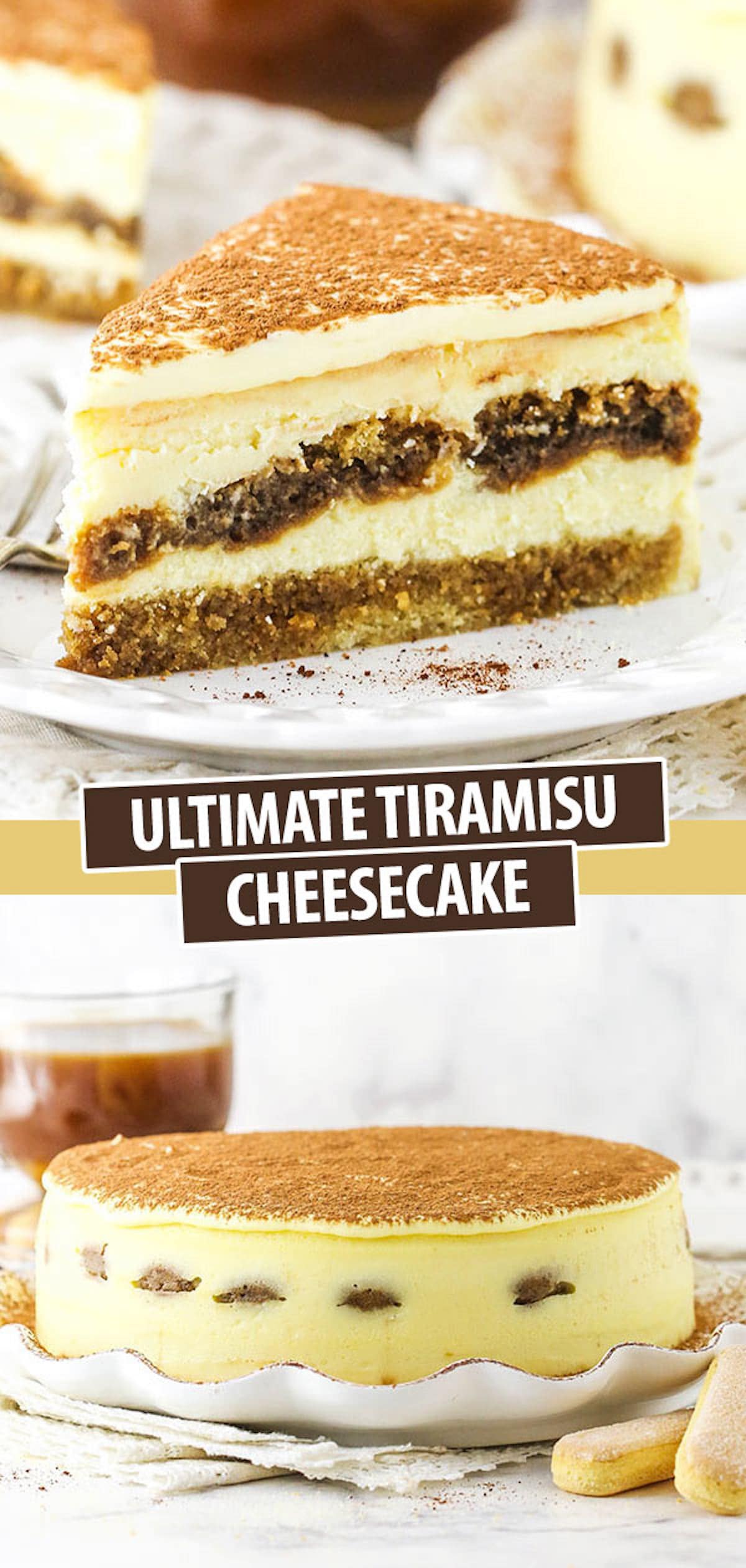 A Collage of Two Images of Tiramisu Cake – One Showing a Single Slice and One Showing the Whole Cake