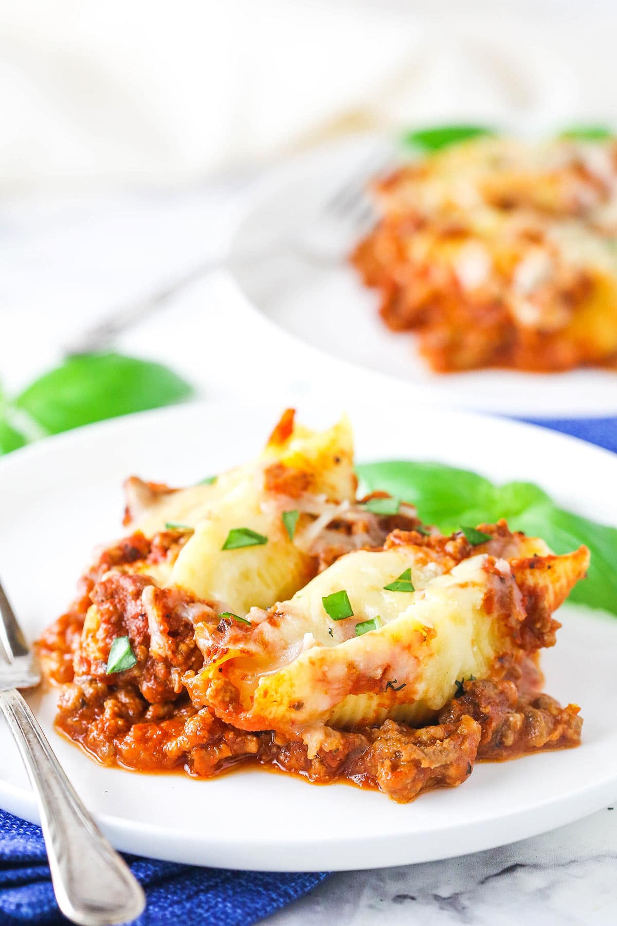 Ricotta stuffed shells with meat sauce on a white plate