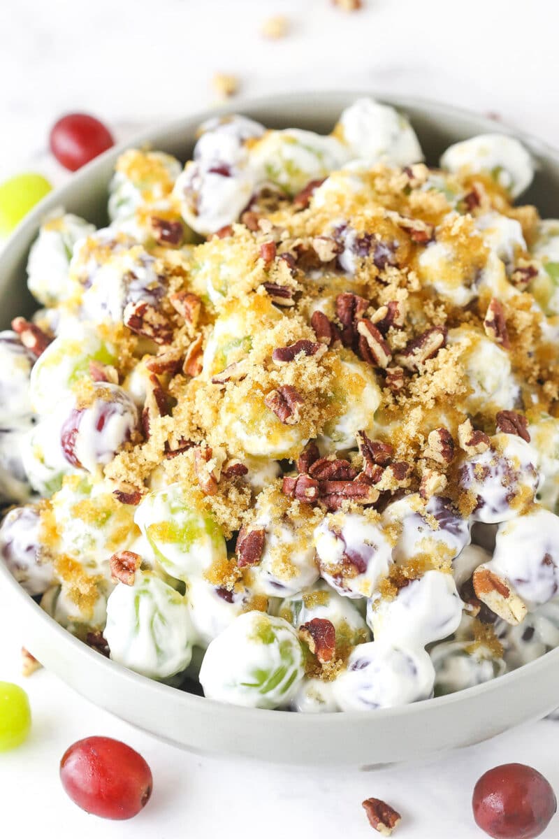 grape salad in light grey bowl