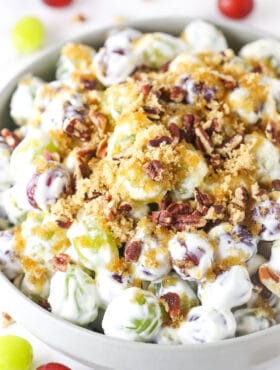 grape salad with brown sugar and pecans on top