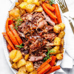 Overhead view of Instant pot pork roast with potatoes and carrots