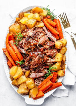 Overhead view of Instant pot pork roast with potatoes and carrots