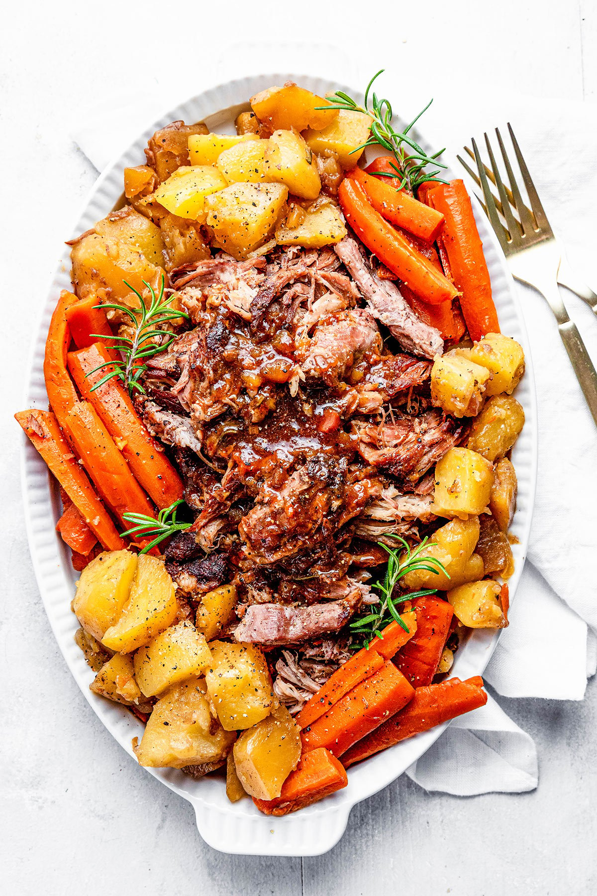 Overhead view of Instant pot pork roast with potatoes and carrots