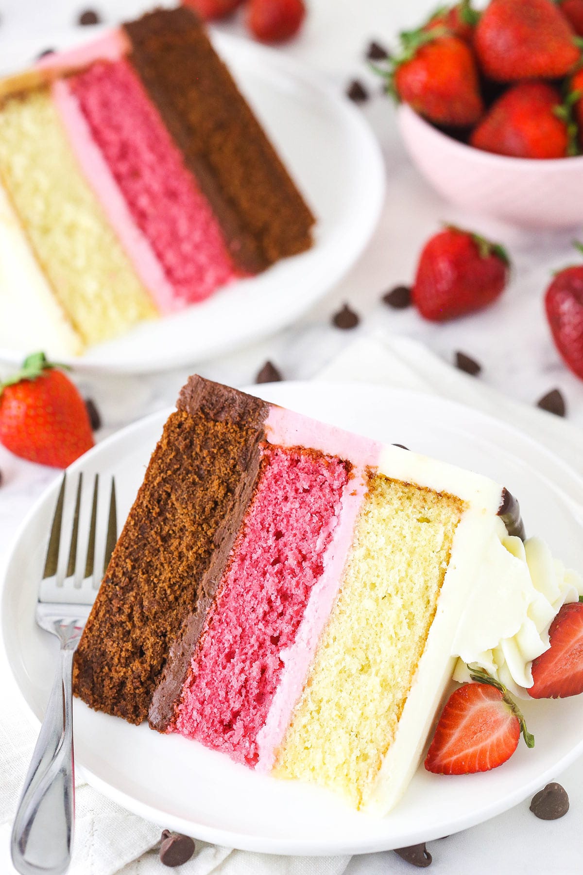 A piece of chocolate, strawberry and vanilla layer cake with a second piece behind it