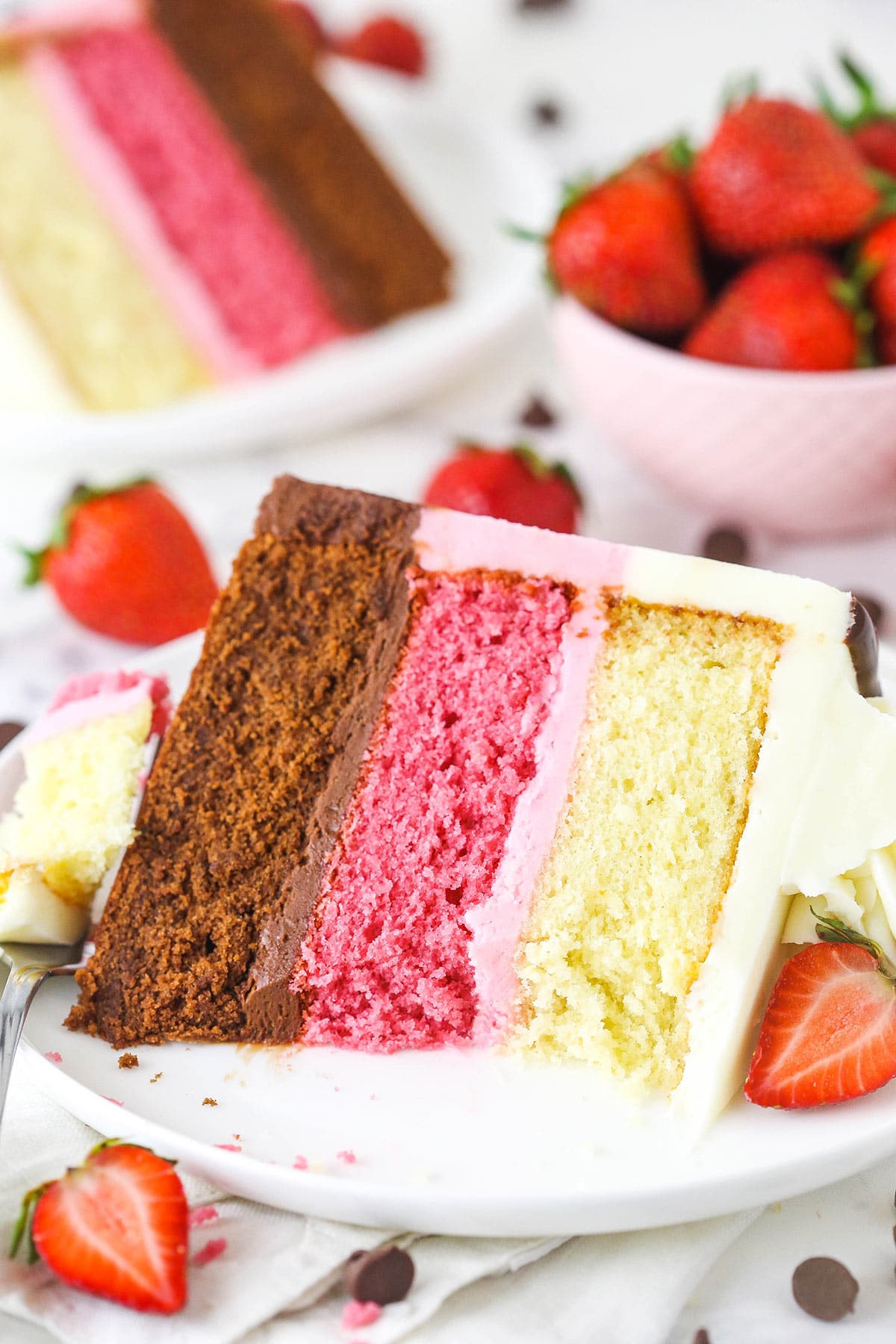 A piece of neapolitan cake on a plate with a big bite taken out spanning all the layers