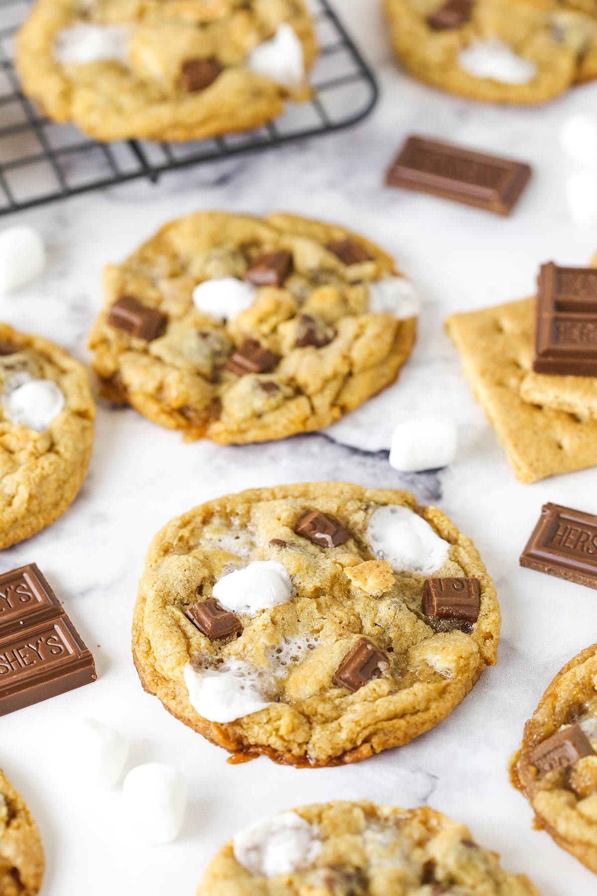 S'mores cookies on a marble table.