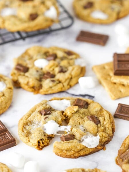 smores cookie broken with melted marshmallow