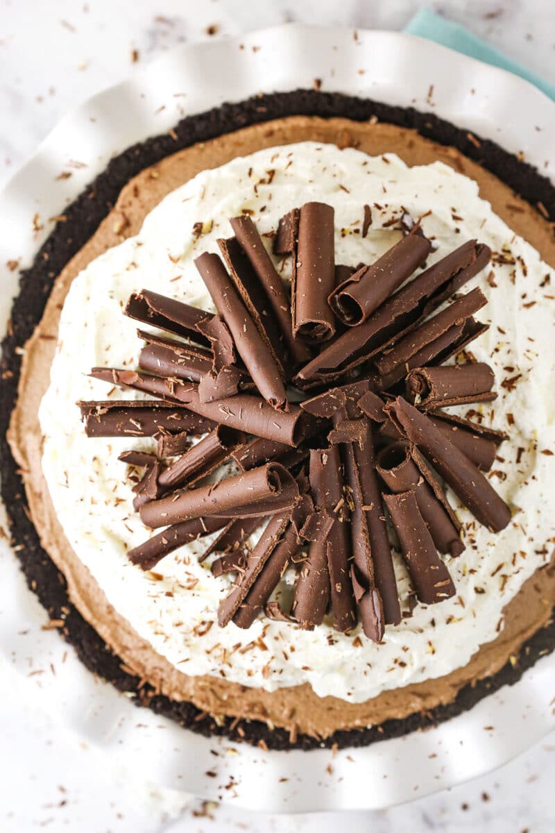 image from the top of a chocolate silk pie with chocolate curls on top