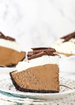 slice of french silk pie on white plate