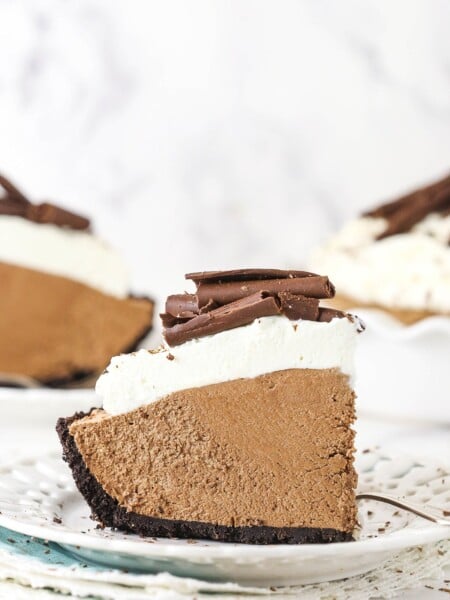 A slice of French silk pie on a white plate.