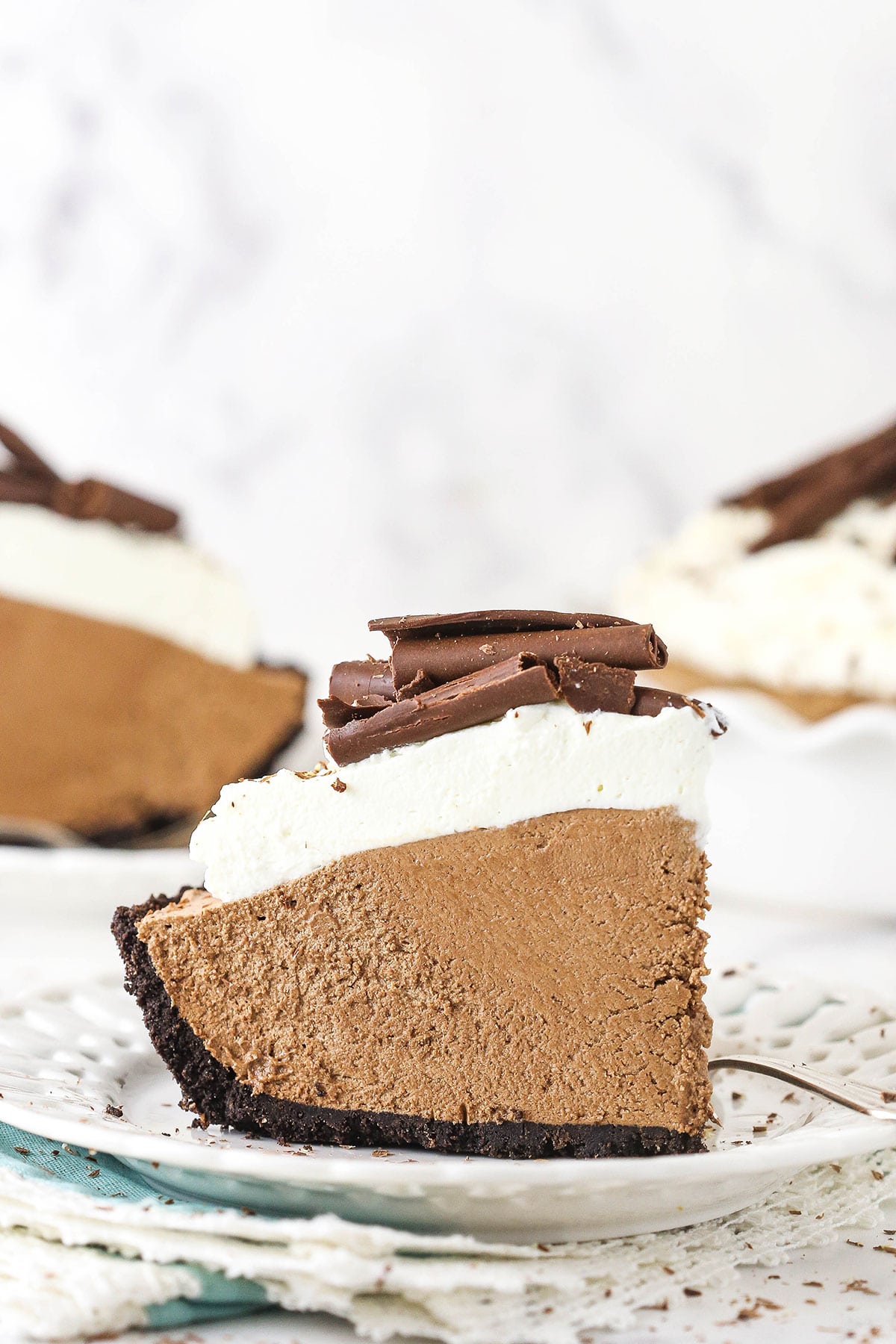 slice of french silk pie on white plate