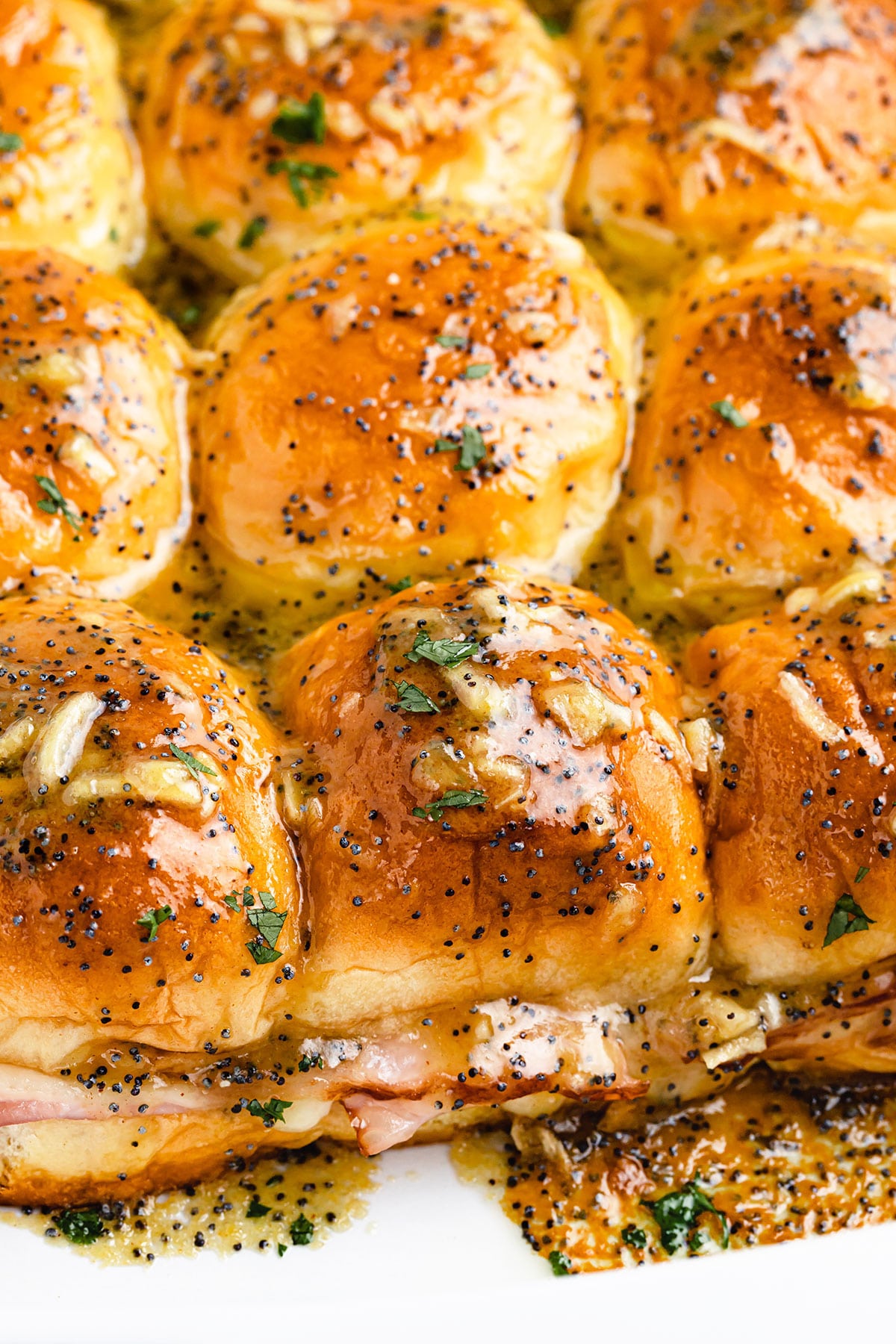 A close-up shot of homemade ham and cheese sliders in a white pan