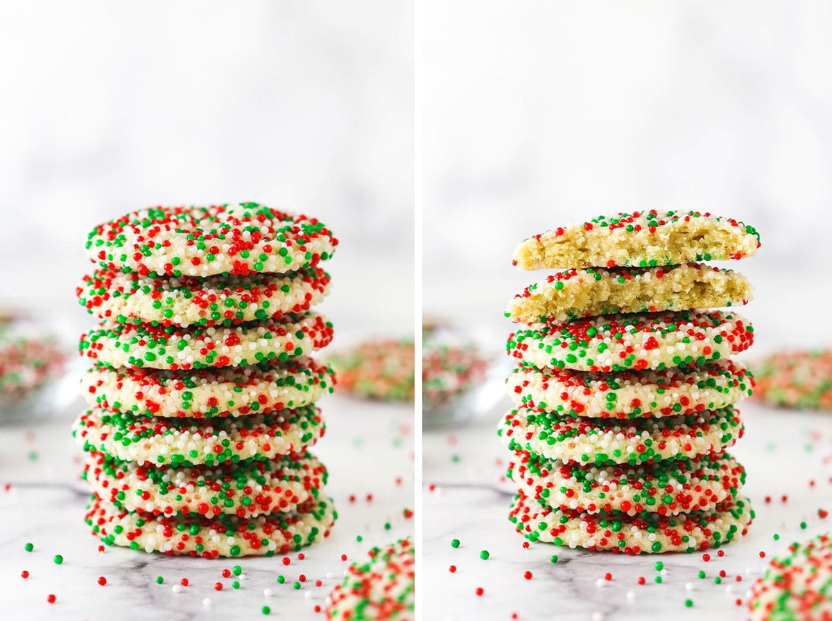 Side-by-side pictures of a stack of sugar cookies covered in colorful nonpareils