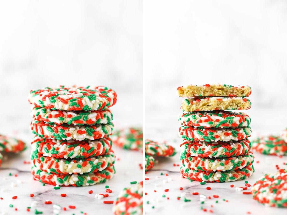 A collage of two images of stacked Christmas sprinkle cookies on a countertop with loose sprinkles scattered about