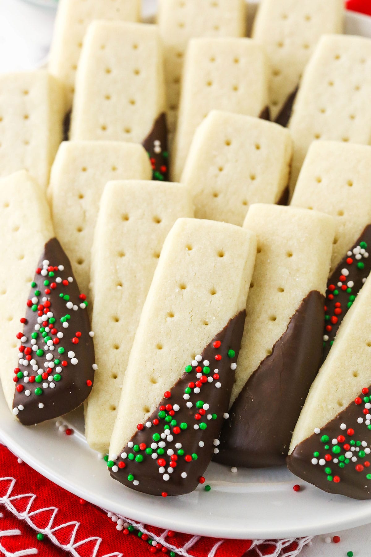 A close-up shot of chocolate covered shortbread cookies arranged on a white plate.