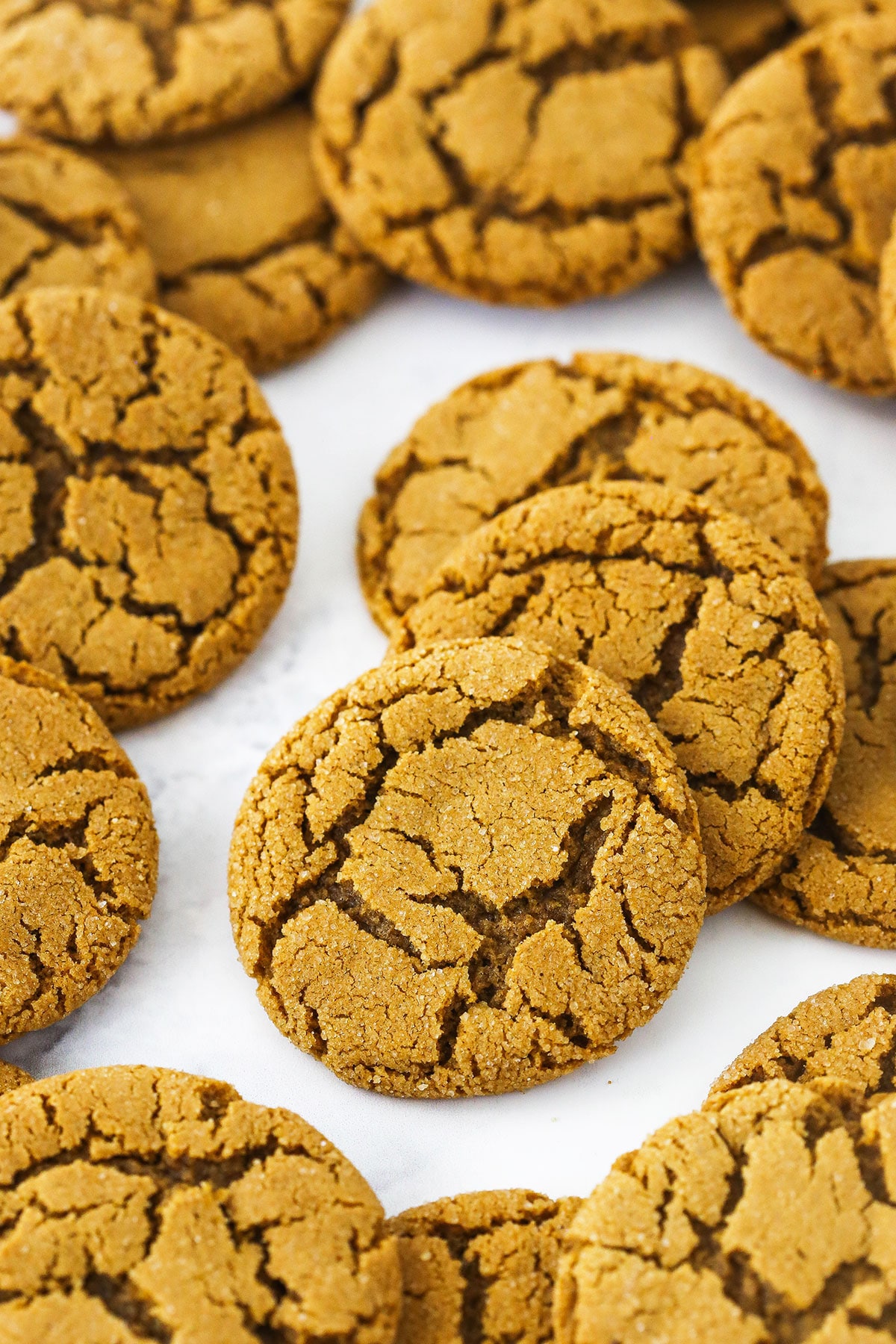 A bunch of gingersnap cookies on a white surface with four spotlighted in the center