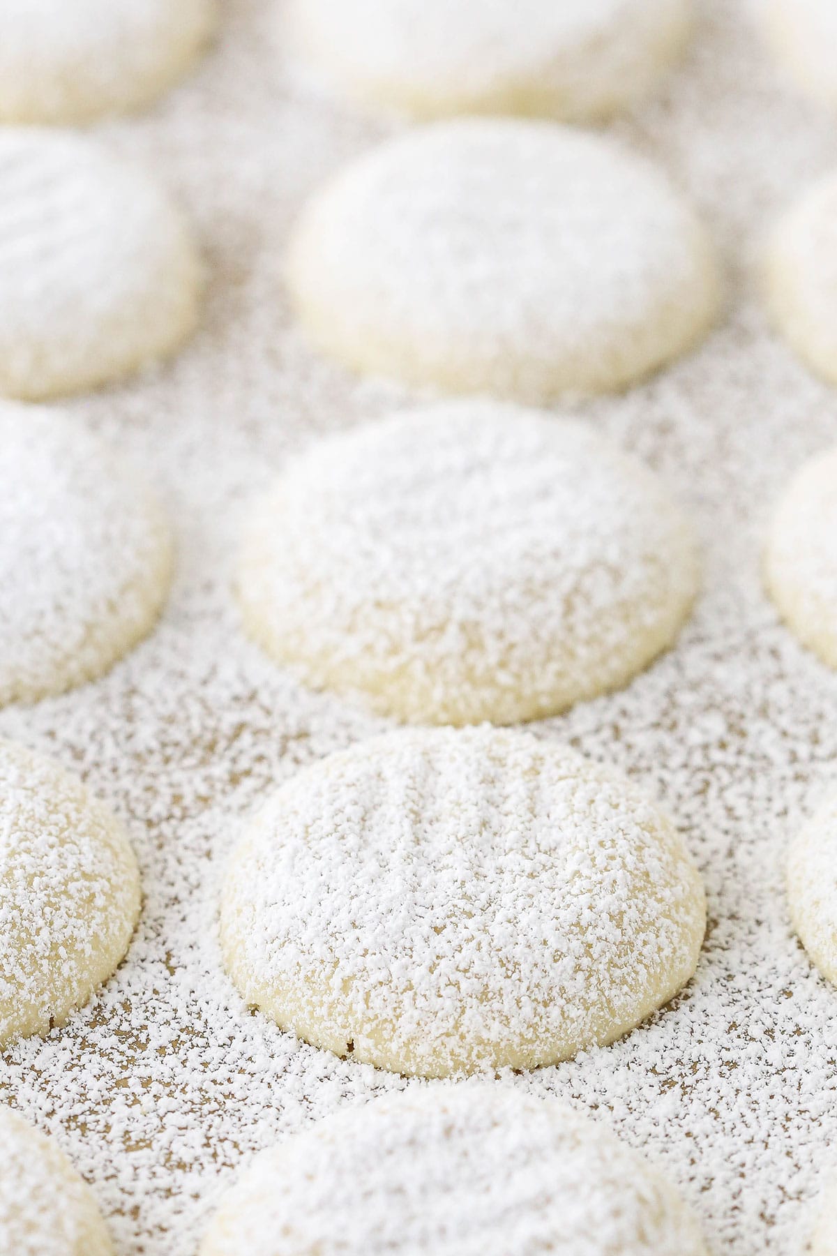 A close-up shot of soft vanilla butter cookies coated in powdered sugar