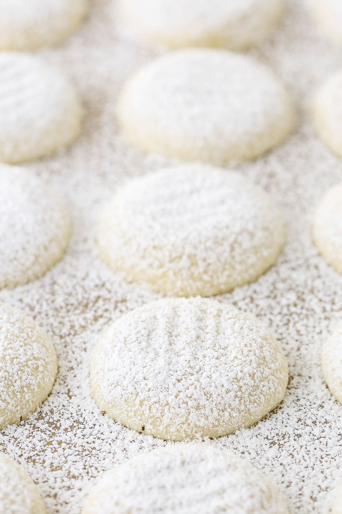 A close-up shot of soft vanilla butter cookies coated in powdered sugar.