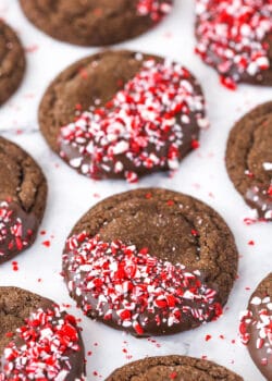 Neatly arranged peppermint chocolate sugar cookies on a marble countertop