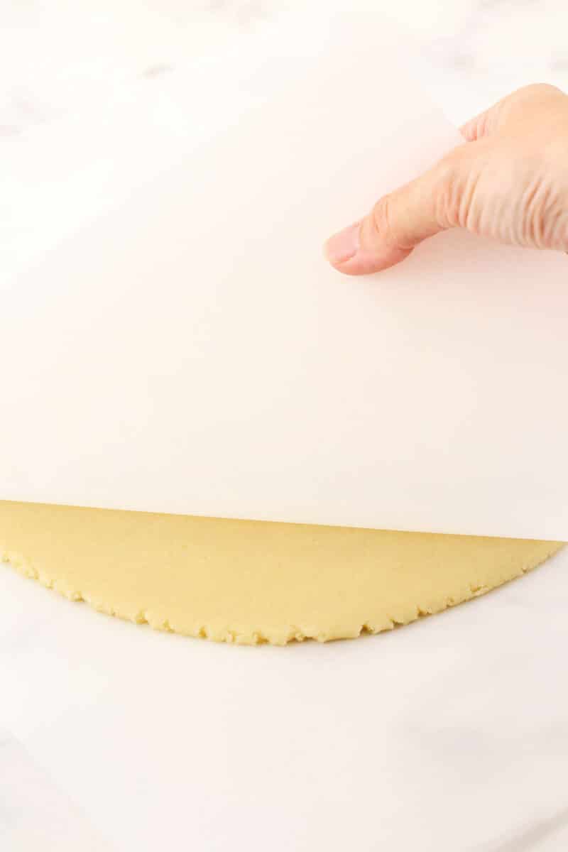 A rolled-out slab of dough between two layers of parchment paper.