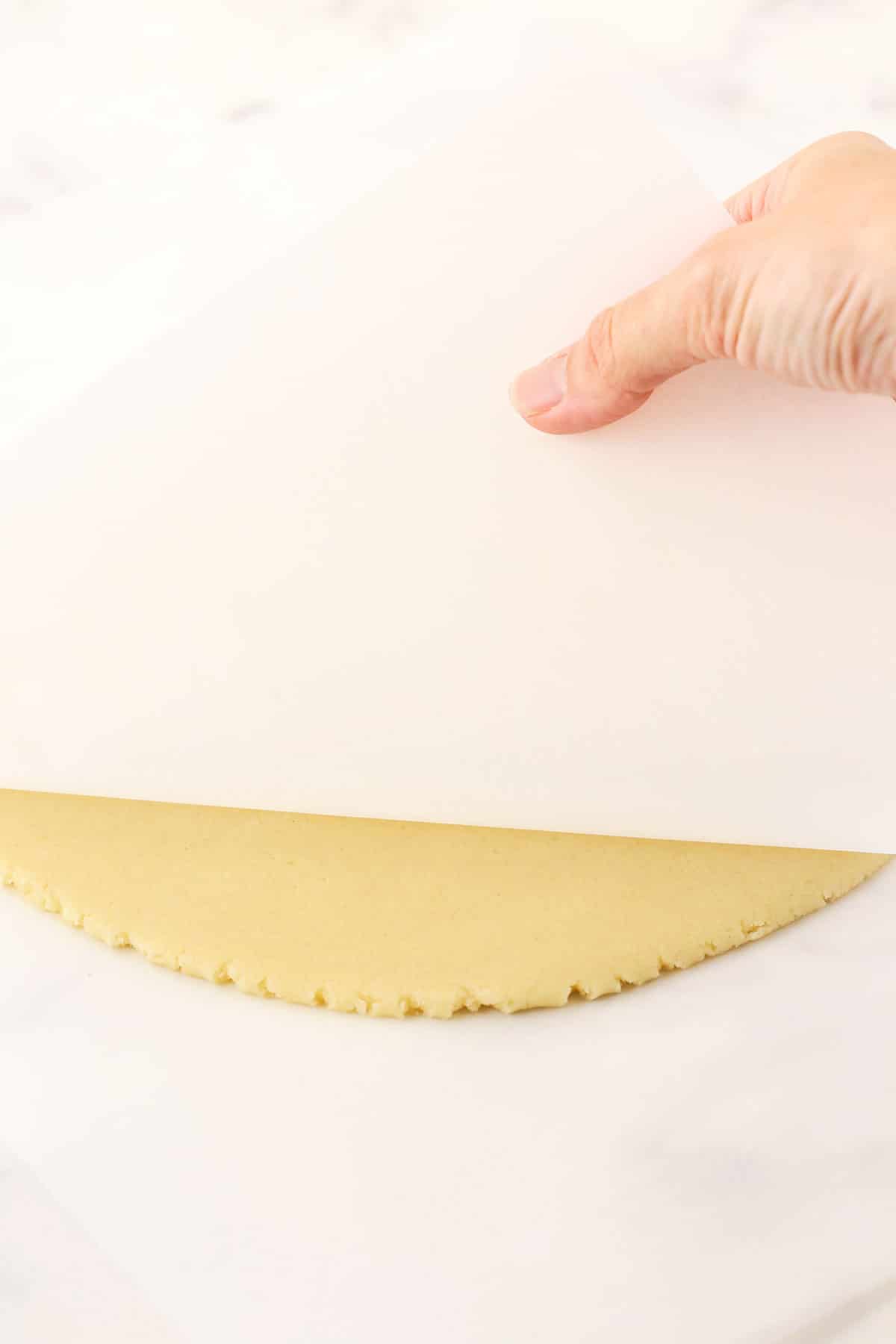 A rolled-out slab of dough between two layers of parchment paper
