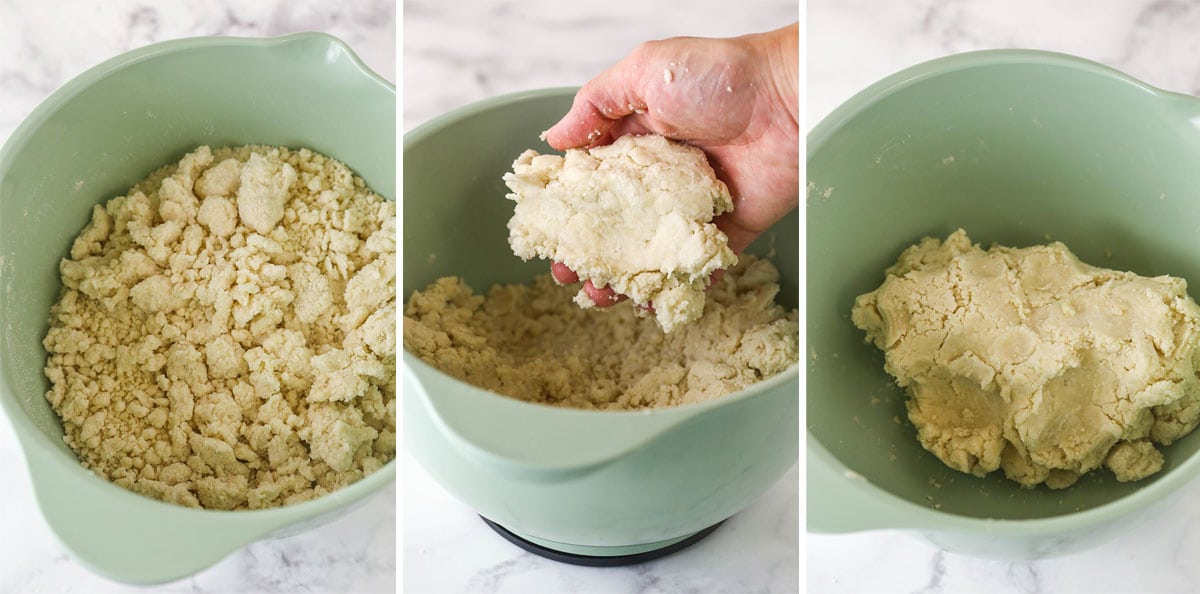 three images showing texture of pie crust when adding water