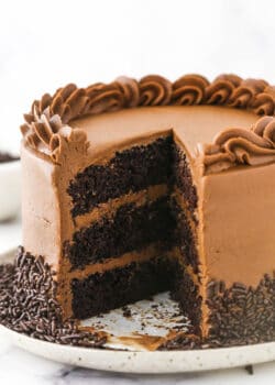 A chocolate layer cake on a speckled cake stand with one slice missing