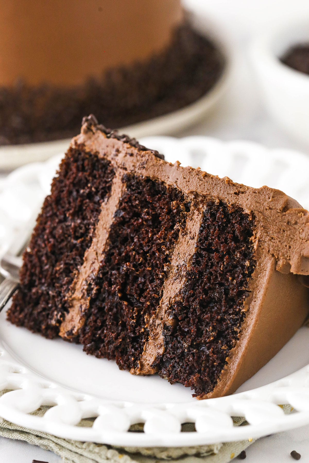 A close-up shot of a piece of chocolate cake with chocolate frosting on a white plate
