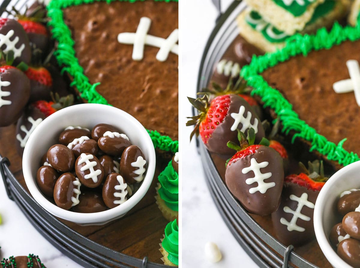 side by side image of chocolate covered almonds and chocolate covered strawberries with laces piped onto both