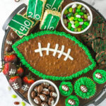 Football Dessert Board with green, brown and white treats