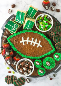 Football Dessert Board with green, brown and white treats