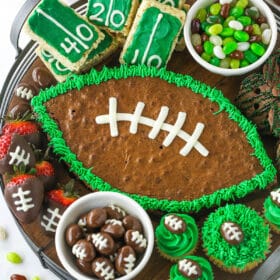 football dessert board with football themed treats