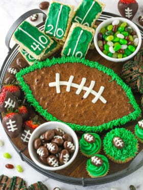 football dessert board with football themed treats