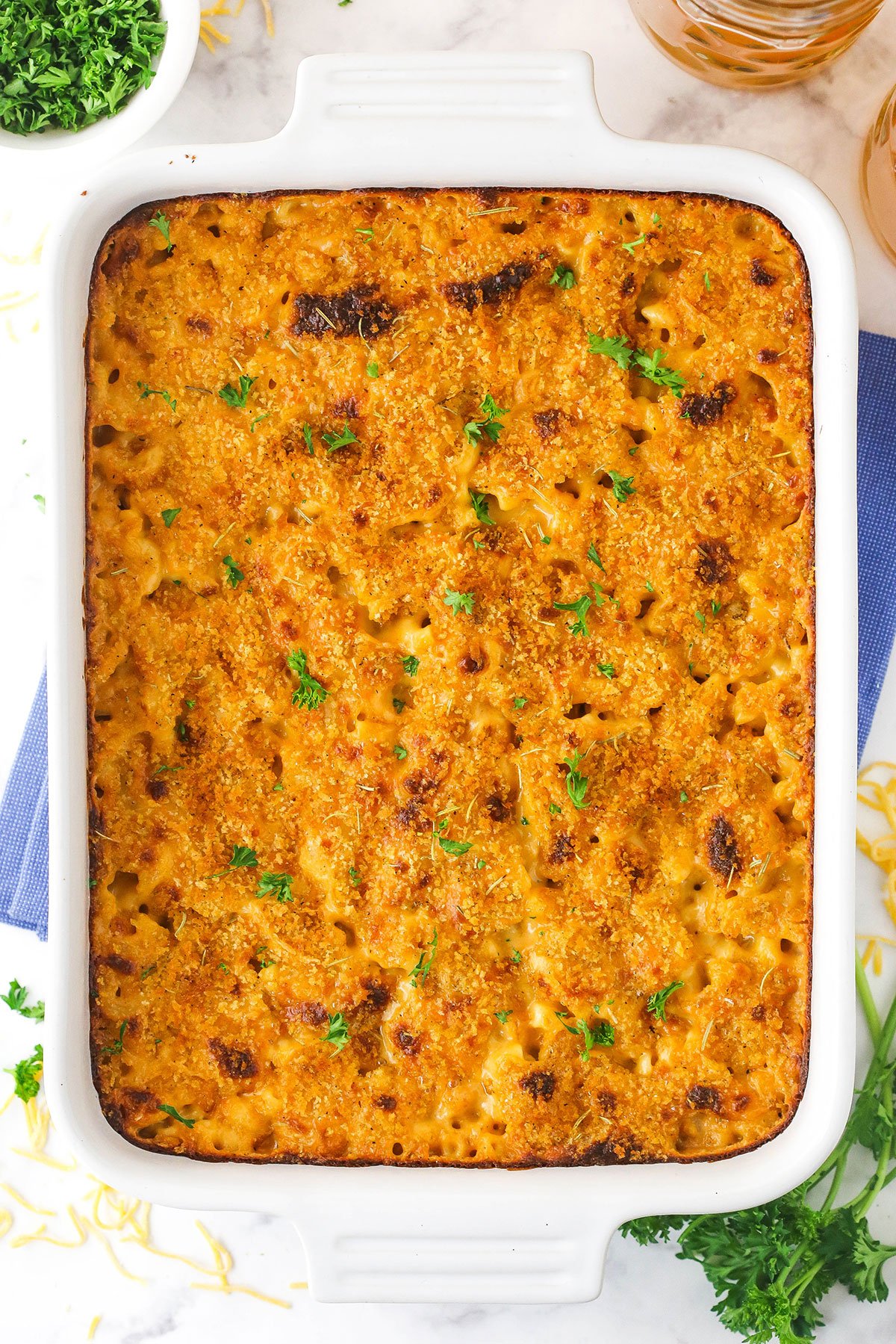 smokey beer macaroni and cheese in white casserole dish