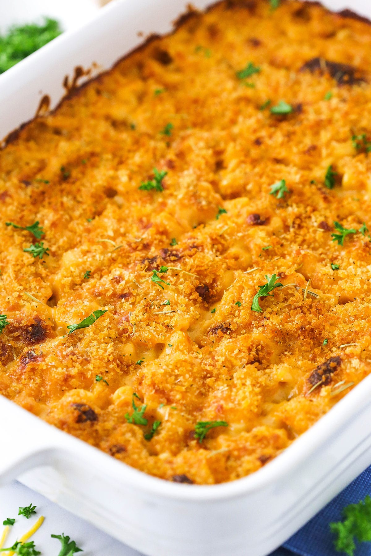 smokey beer macaroni and cheese in white casserole dish