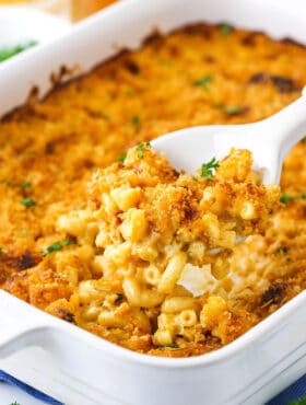 smokey beer macaroni and cheese in white casserole dish with a scoop being removed