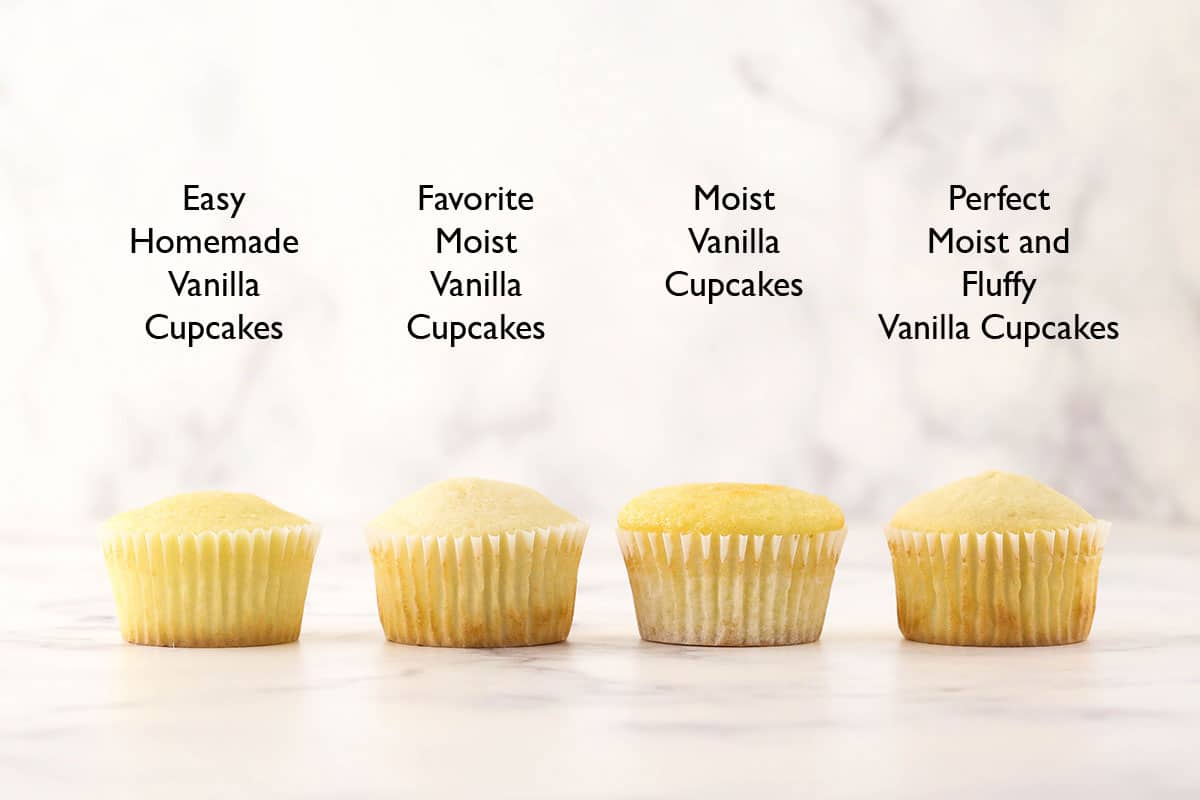 Four different kinds of vanilla cupcakes on a countertop with a label floating above each one