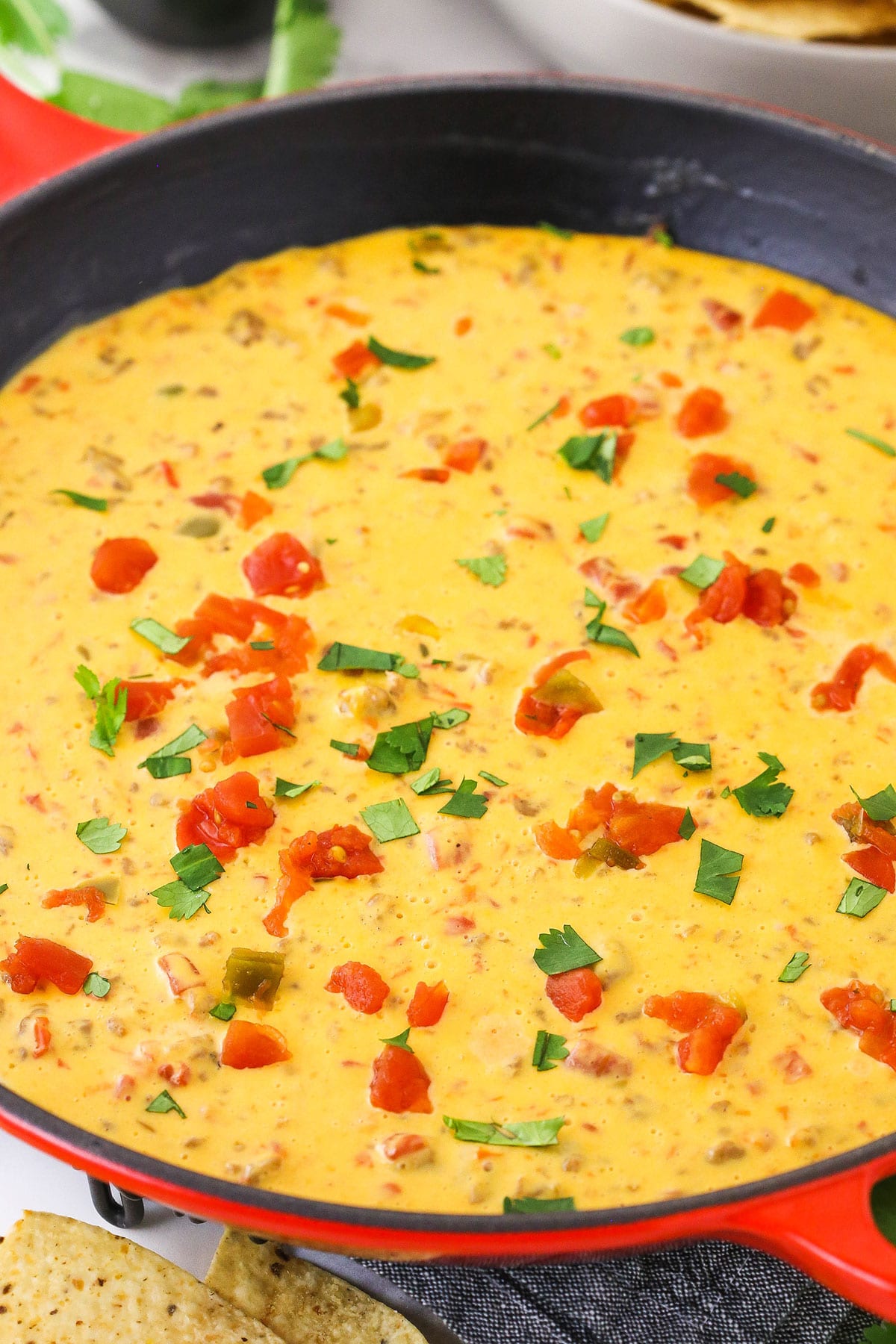 A cast-iron skillet with melted cheese dip inside.