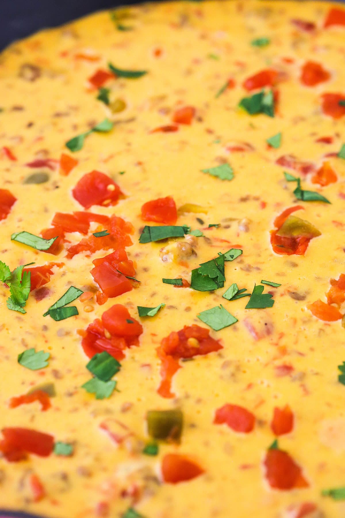 Close-up shot of cheesy sausage dip, garnished with chopped herbs.