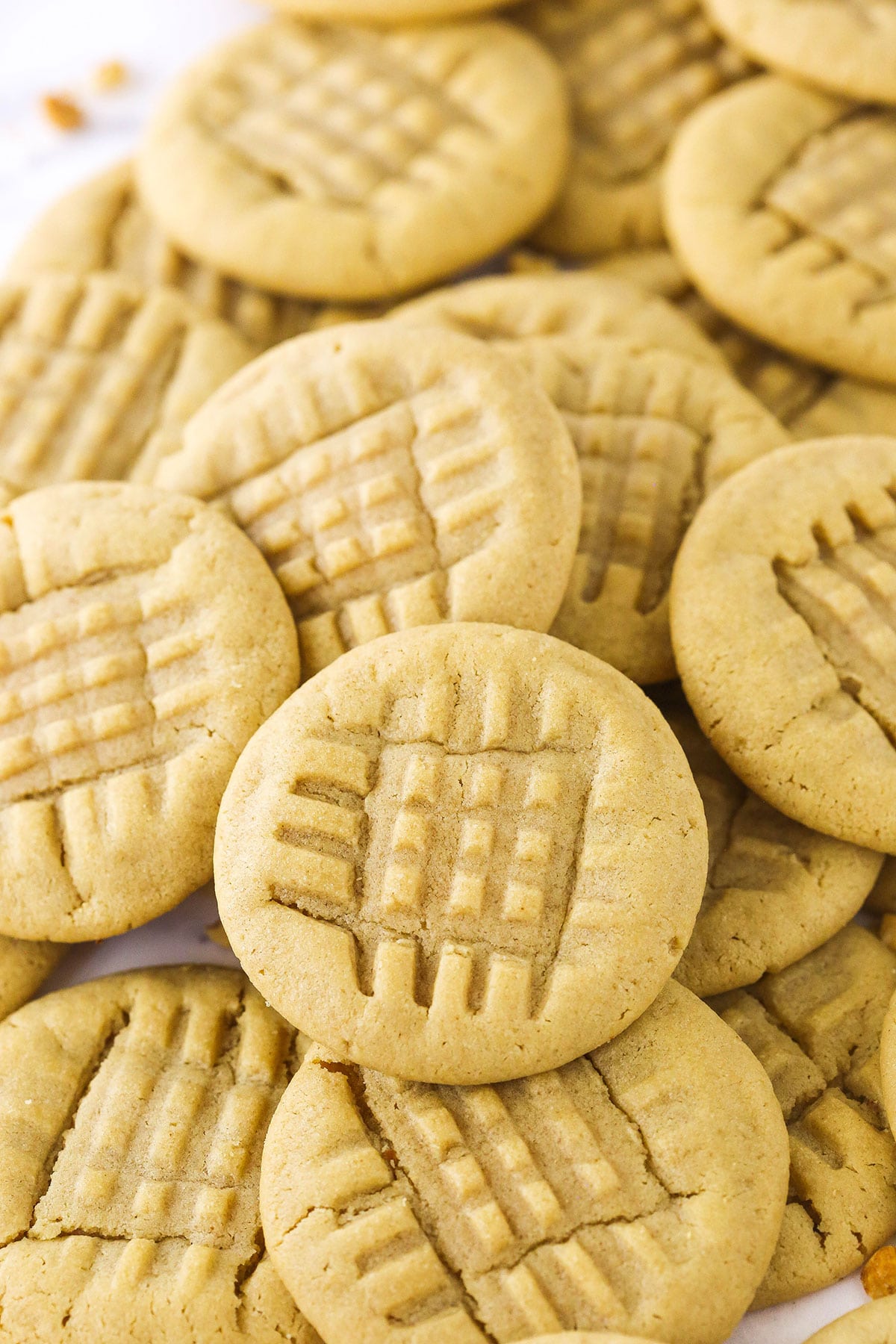This easy peanut butter cookie recipe is for PB lovers everywhere! Soft and chewy cookies that are super simple to make. So satisfying! A bunch of homemade peanut butter cookies piled on top of one another