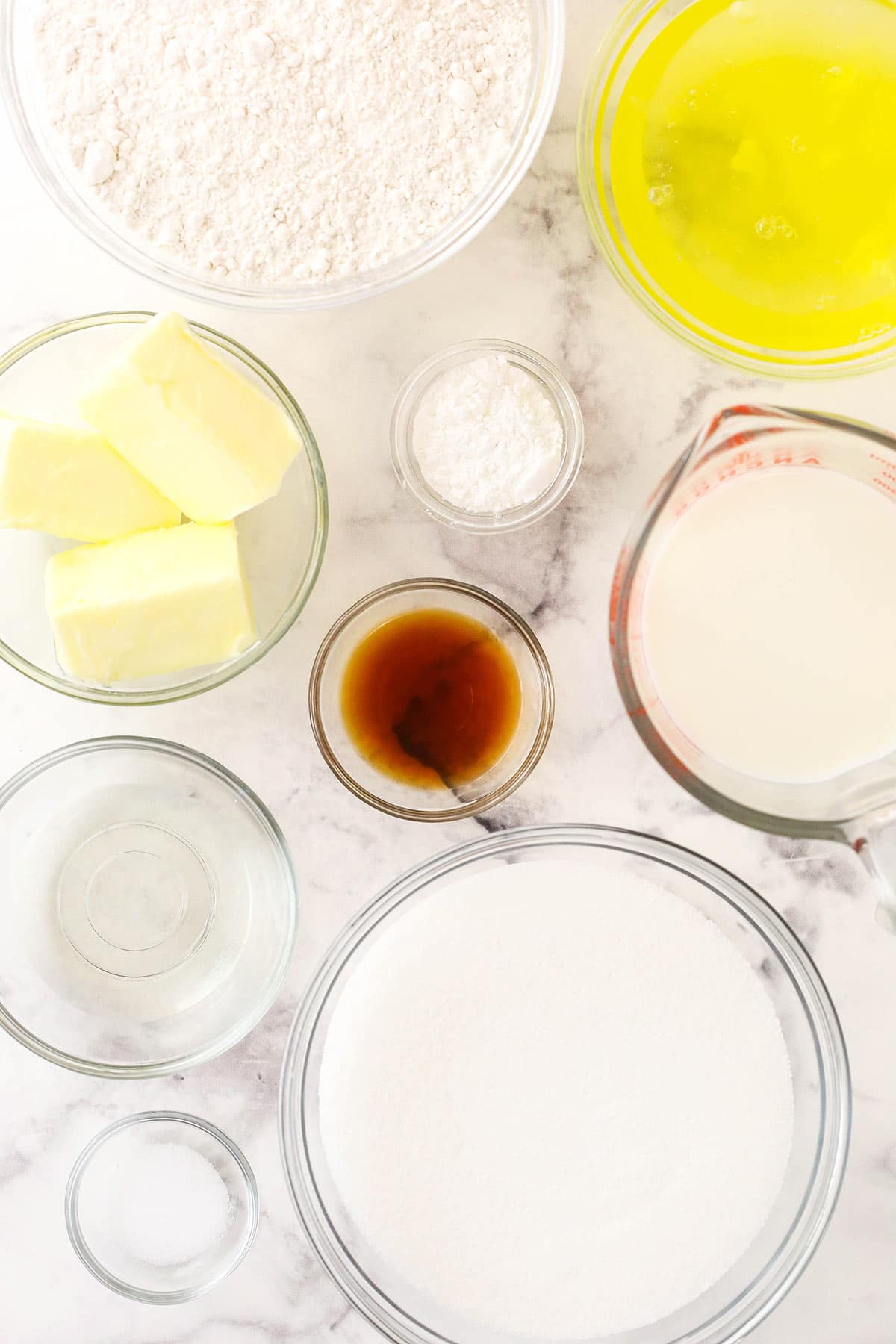 White-Cake-Ingredients laid out on table