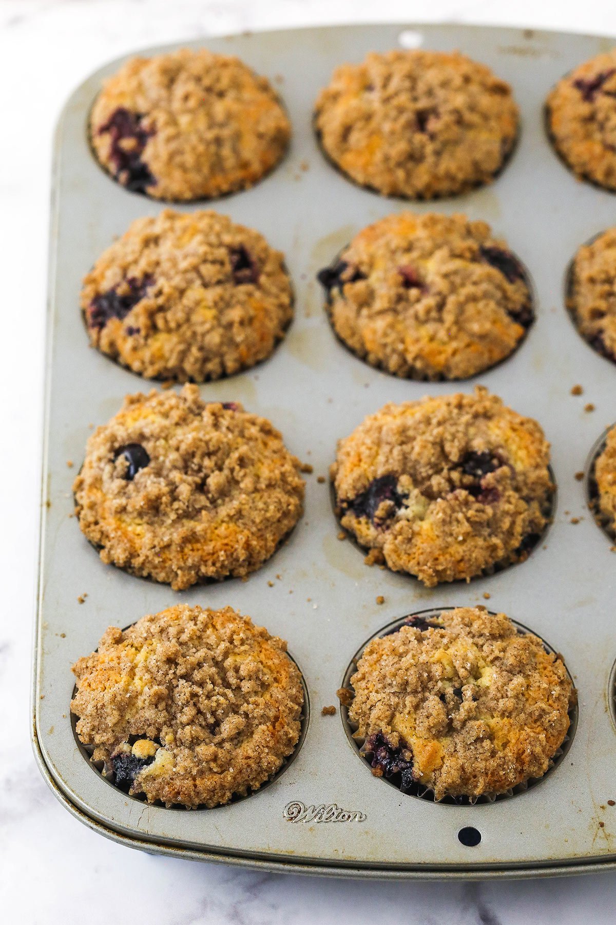 A muffin tin full of freshly baked blueberry muffins with cinnamon streusel on top