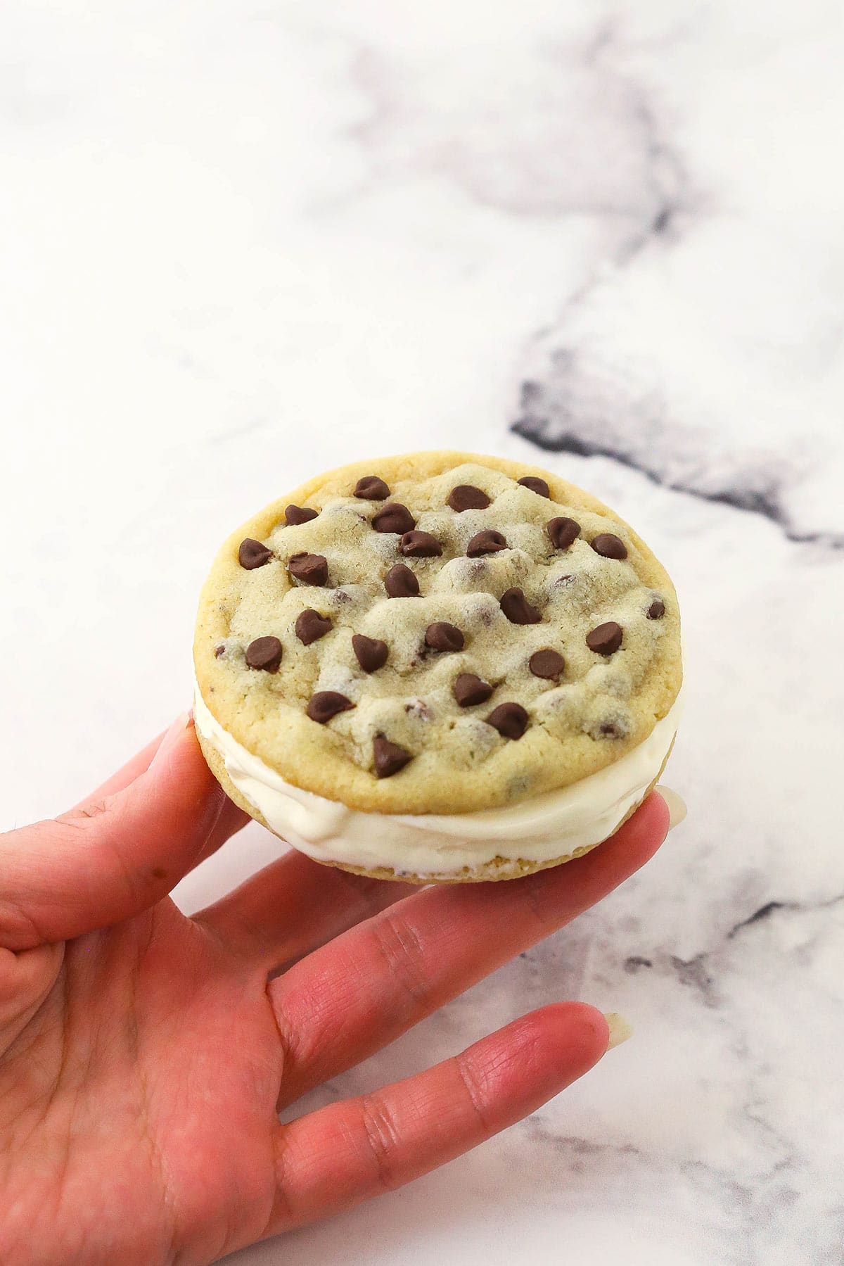 A hand holding a chipwich over a marble countertop