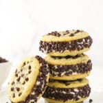 Three chipwiches stacked on top of each other with a fourth ice cream cookie sandwich leaning up against the stack