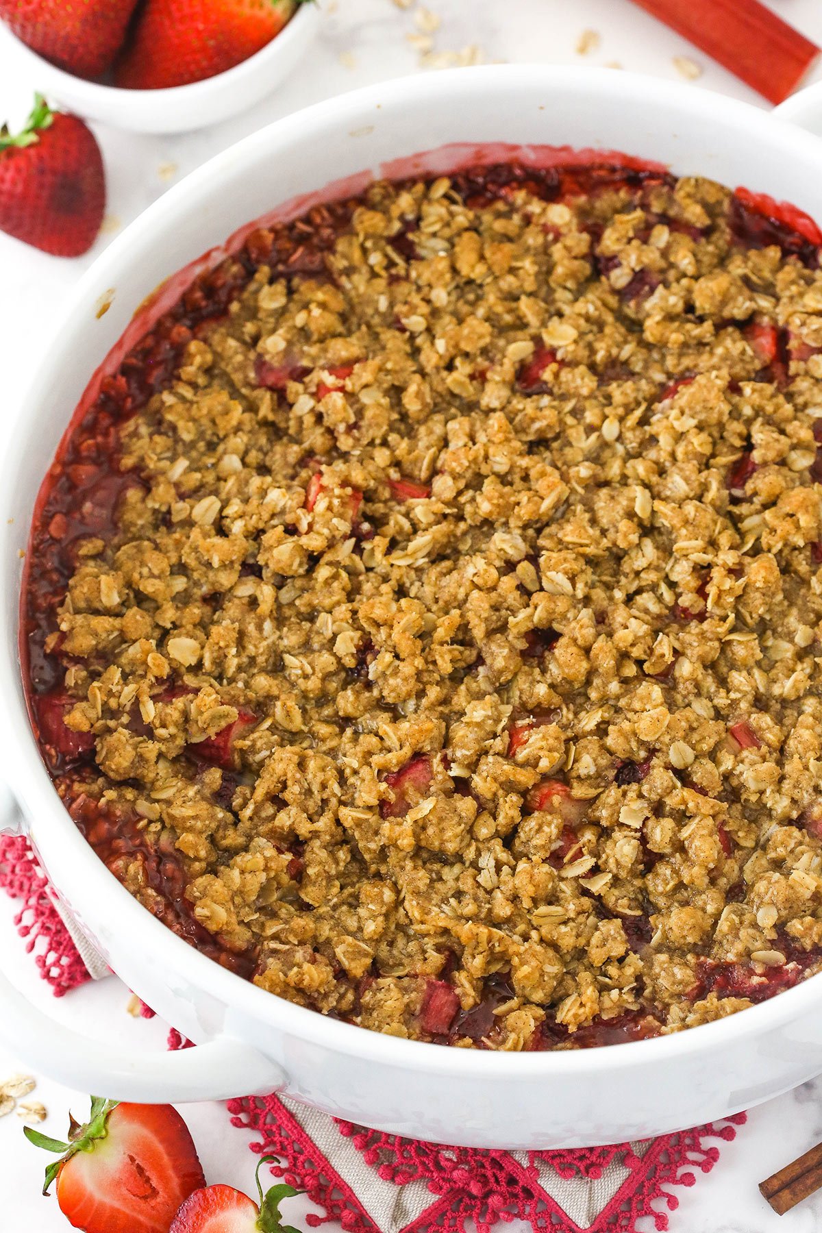 Baked strawberry rhubarb crisp in baking pan