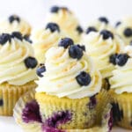 A blueberry coconut cupcake on a cake stand with the cupcake wrapper removed