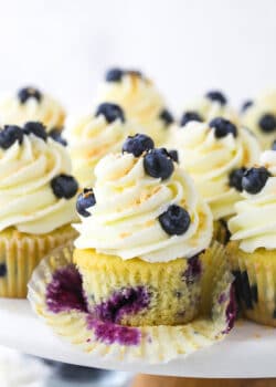 A blueberry coconut cupcake on a cake stand with the cupcake wrapper removed