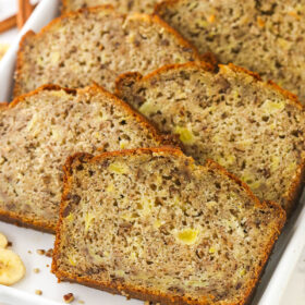 Seven pieces of pineapple banana bread inside of a large casserole dish