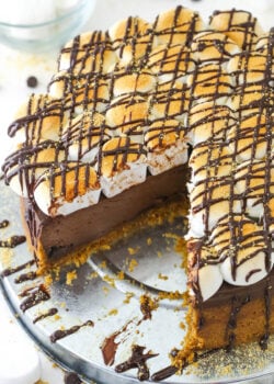 A marshmallow, chocolate and graham cracker cheesecake on a metal cake stand with one large slice removed